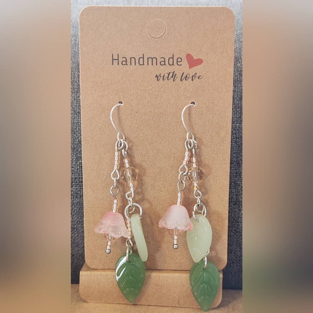 Handmade Whimsical Pink and Green Floral Earrings